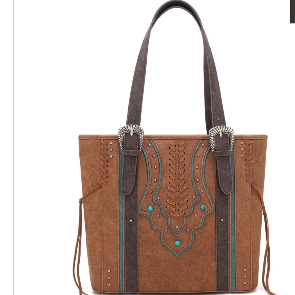 Montana West Tan and Blue Embroidered Tote - Picture 2 of 3